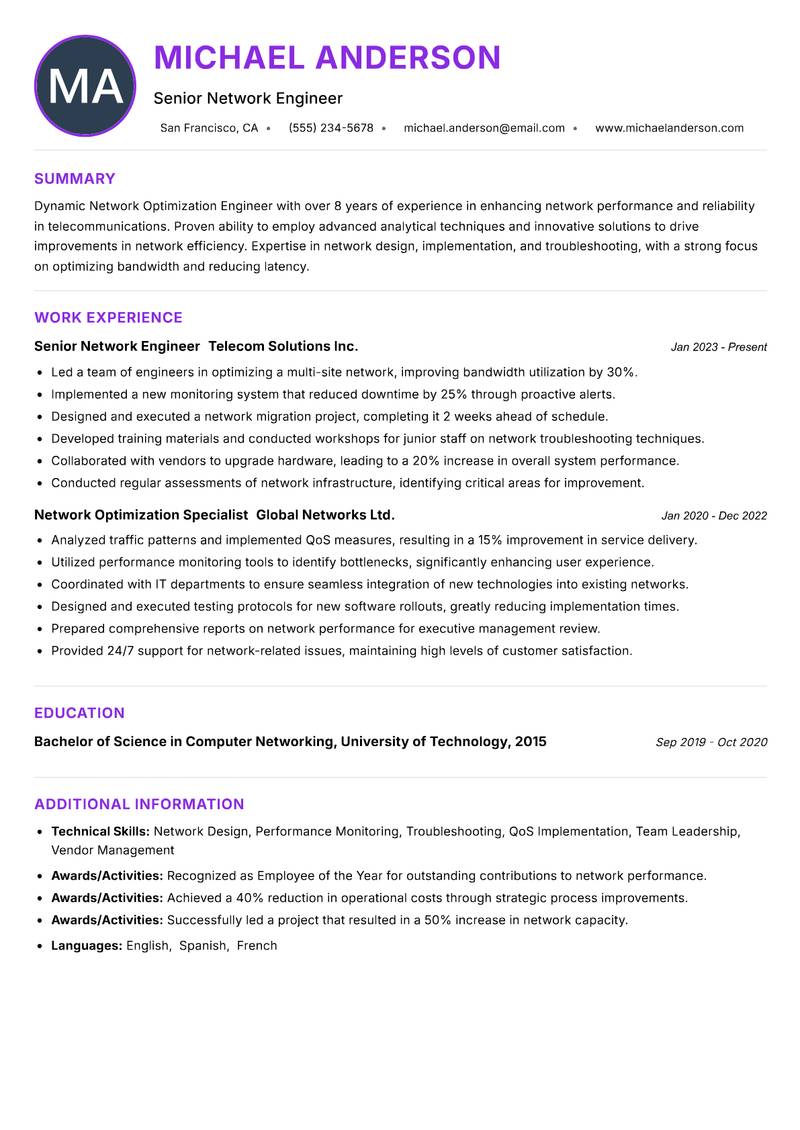 Network Optimization Engineer resume example — ATS-friendly template