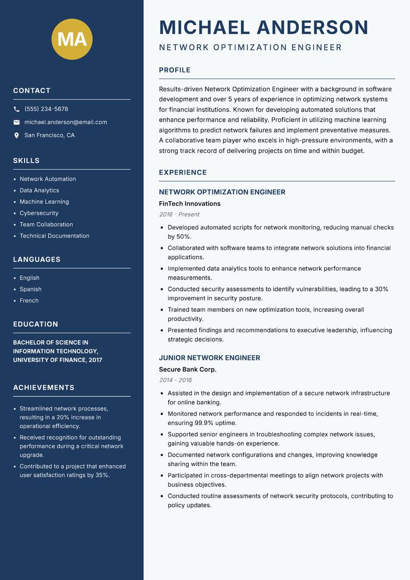 Network Optimization Engineer resume template — Classic Clean
