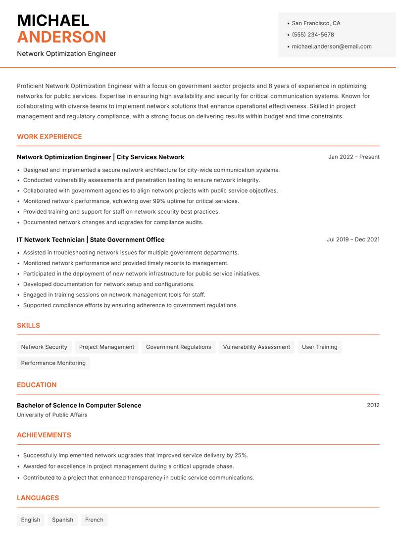 Network Optimization Engineer resume template — Modern Professional
