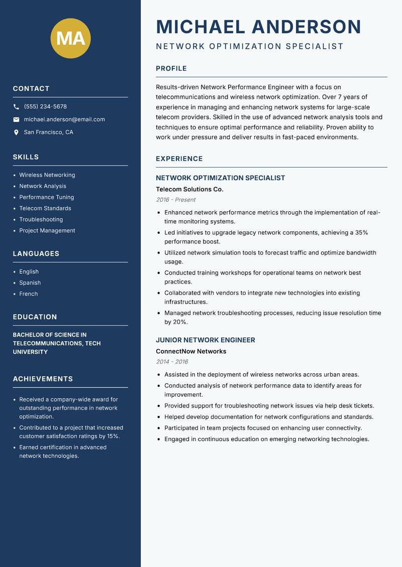 Network Performance Engineer resume template — Classic Clean