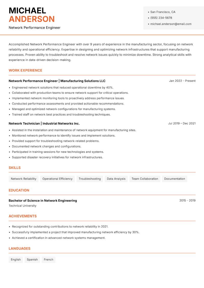 Network Performance Engineer resume template — Modern Professional
