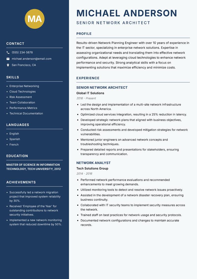 Network Planning Engineer resume template — Classic Clean