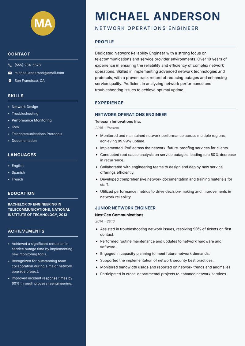 Network Reliability Engineer resume template — Classic Clean