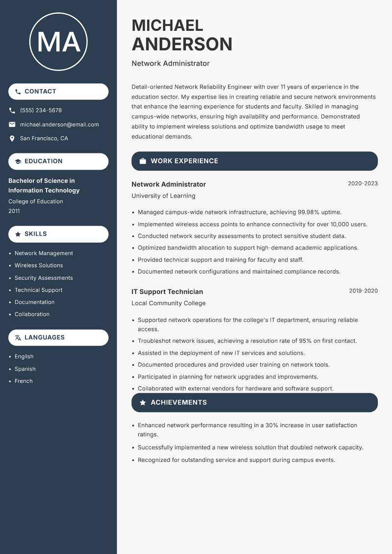 Network Reliability Engineer resume template — Compact