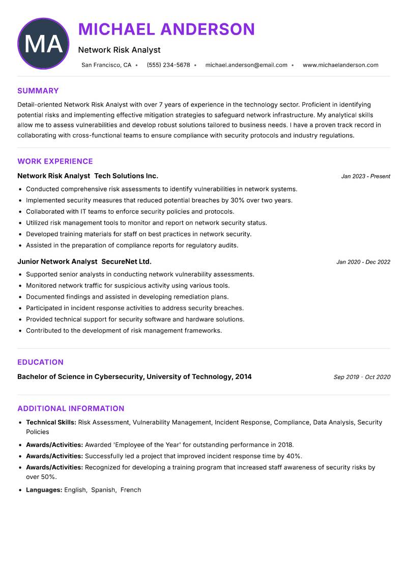 Network Risk Analyst resume example — ATS-friendly template