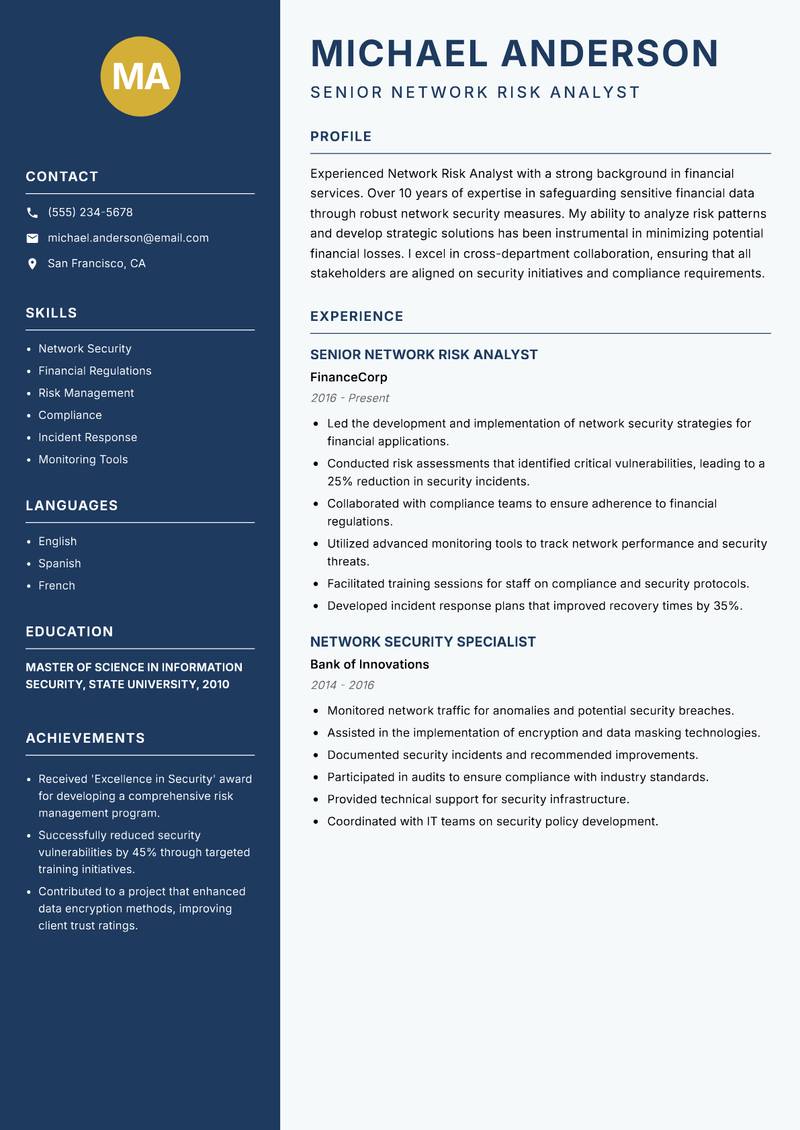 Network Risk Analyst resume template — Classic Clean