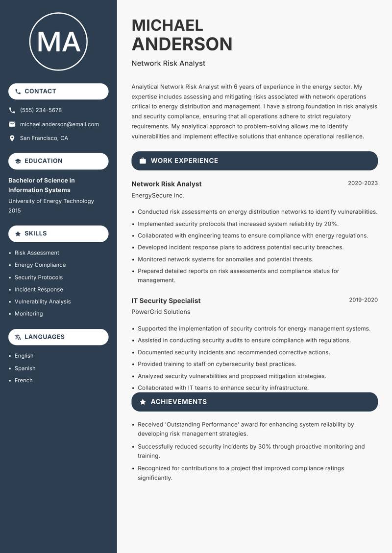 Network Risk Analyst resume template — Compact