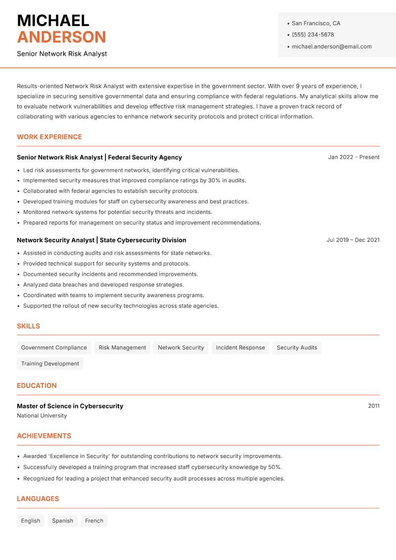 Network Risk Analyst resume template — Modern Professional