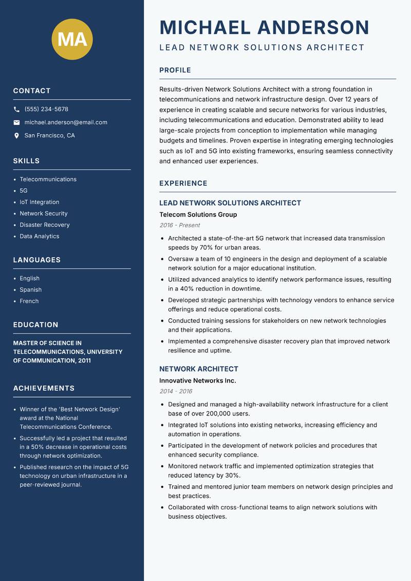 Network Solutions Architect resume template — Classic Clean