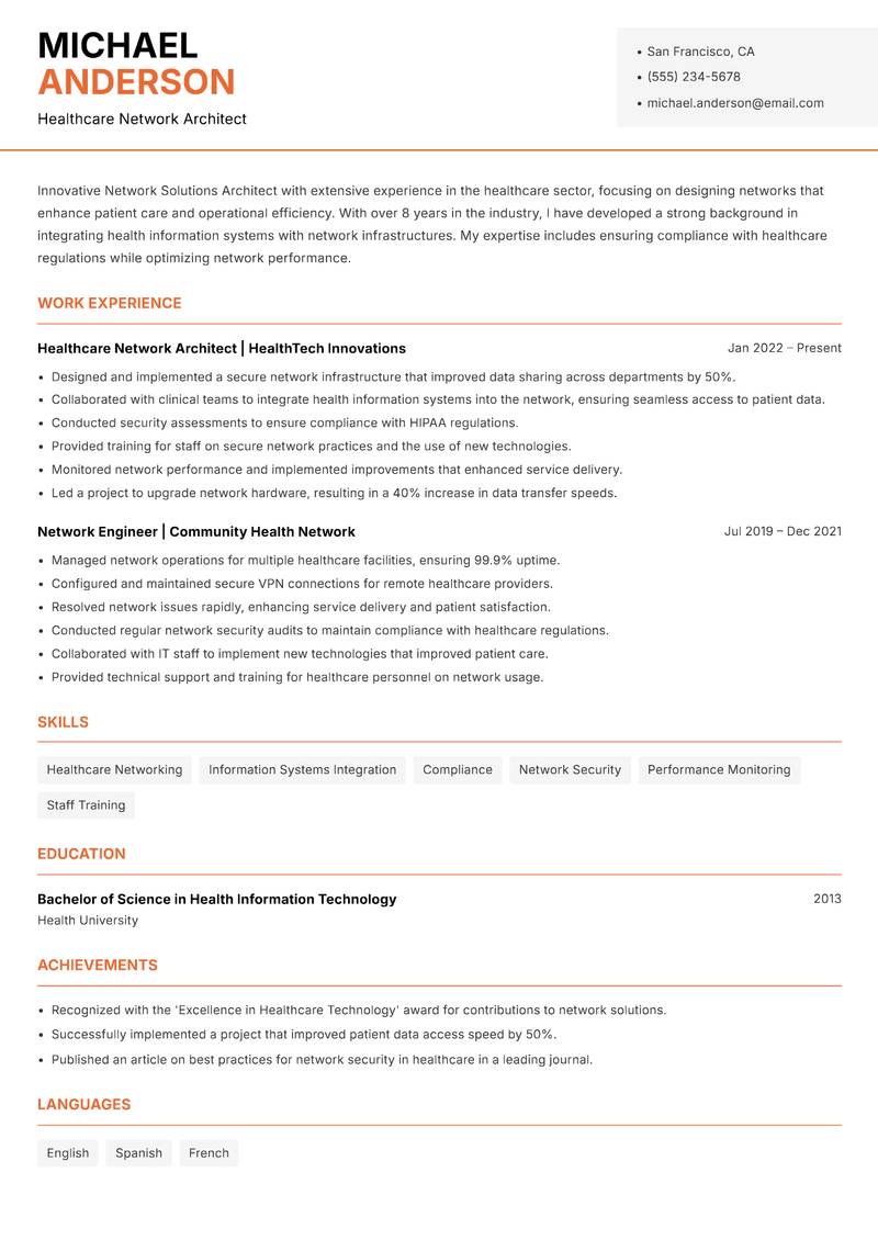 Network Solutions Architect resume template — Modern Professional