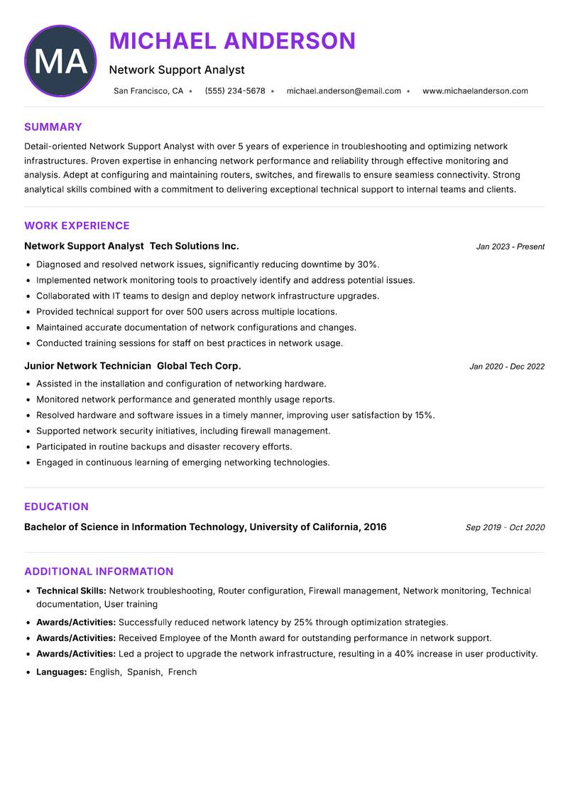 Network Support Analyst resume example — ATS-friendly template