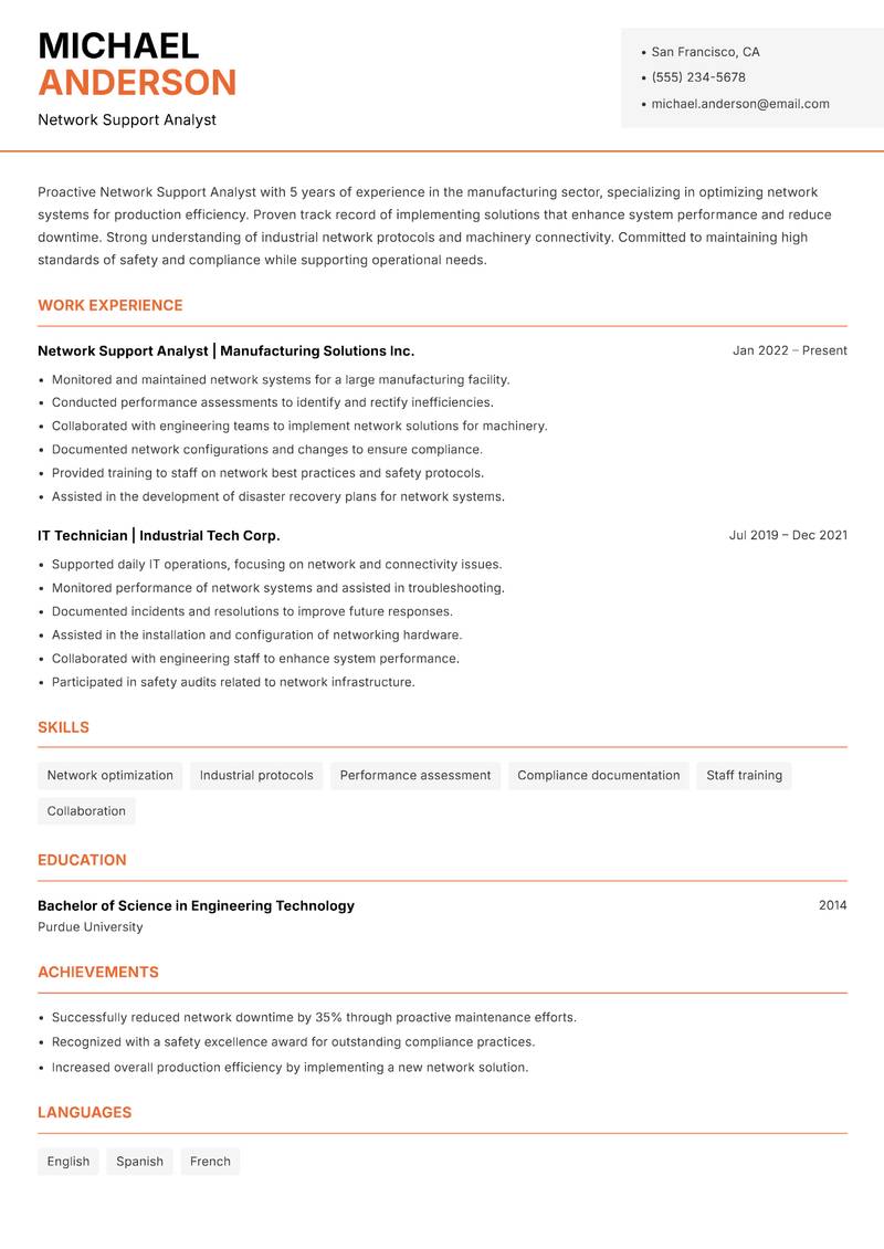 Network Support Analyst resume template — Modern Professional