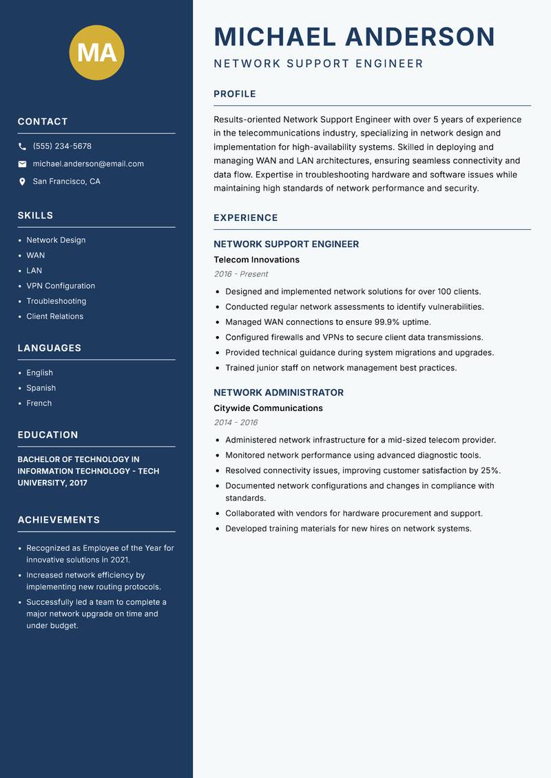 Network Support Engineer resume template — Classic Clean