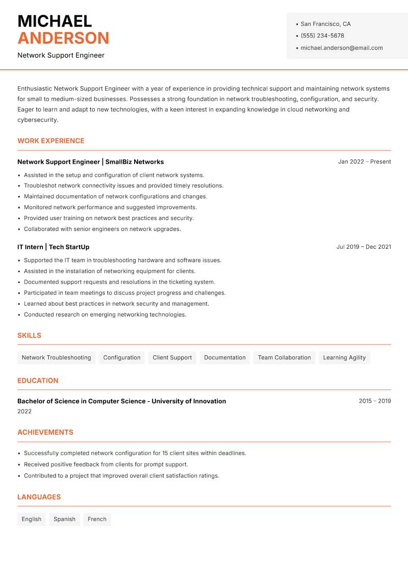 Network Support Engineer resume template — Modern Professional