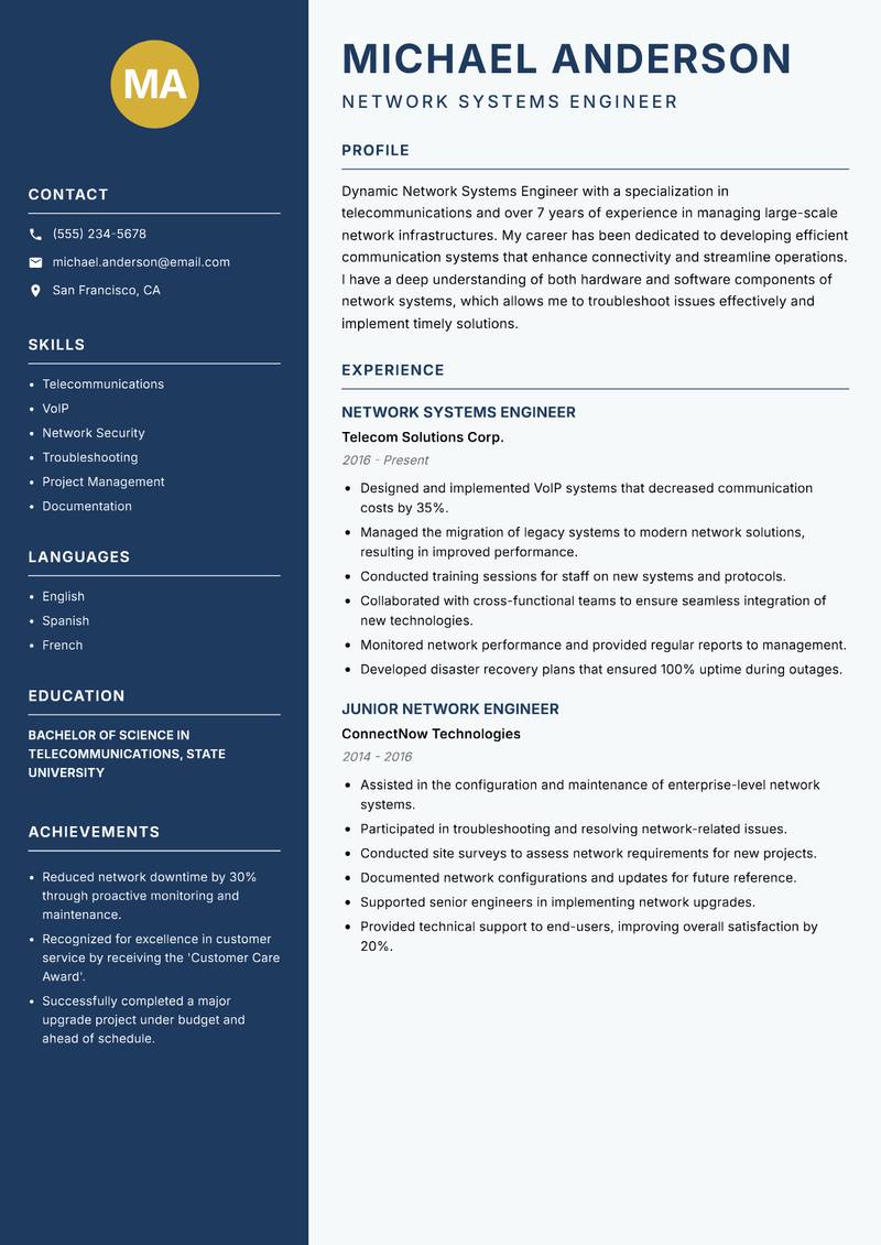 Network Systems Engineer resume template — Classic Clean