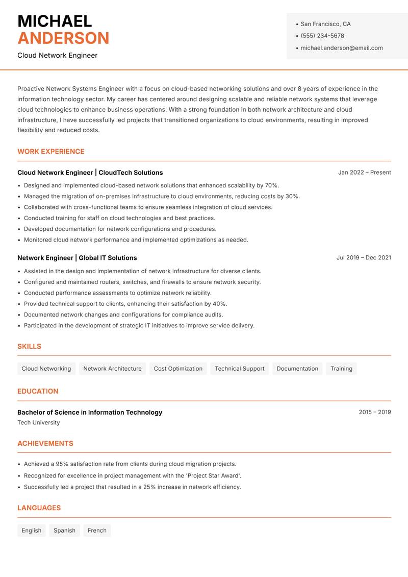 Network Systems Engineer resume template — Modern Professional