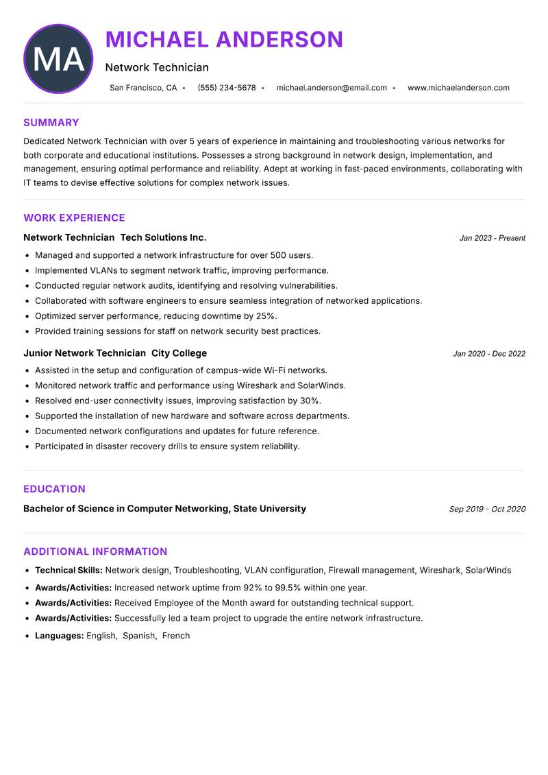 Network Technician resume example — ATS-friendly template