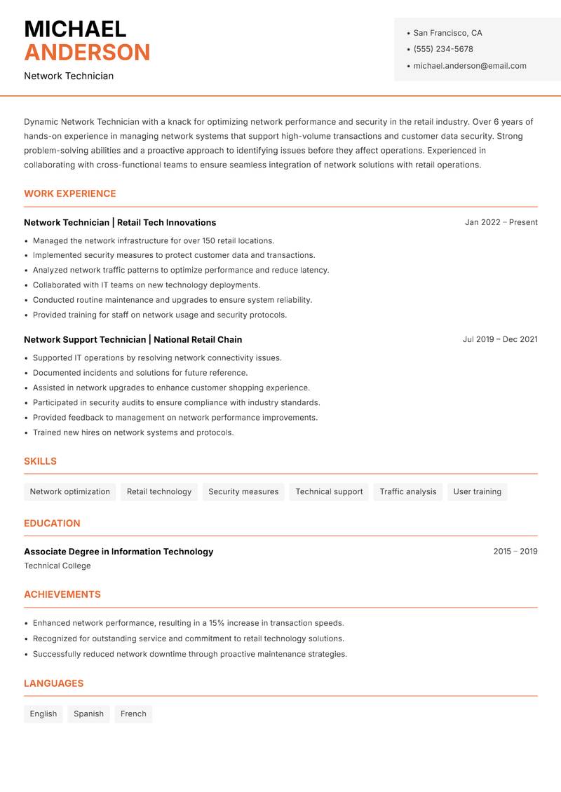 Network Technician resume template — Modern Professional