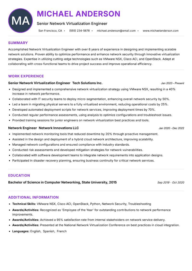 Network Virtualization Engineer resume example — ATS-friendly template