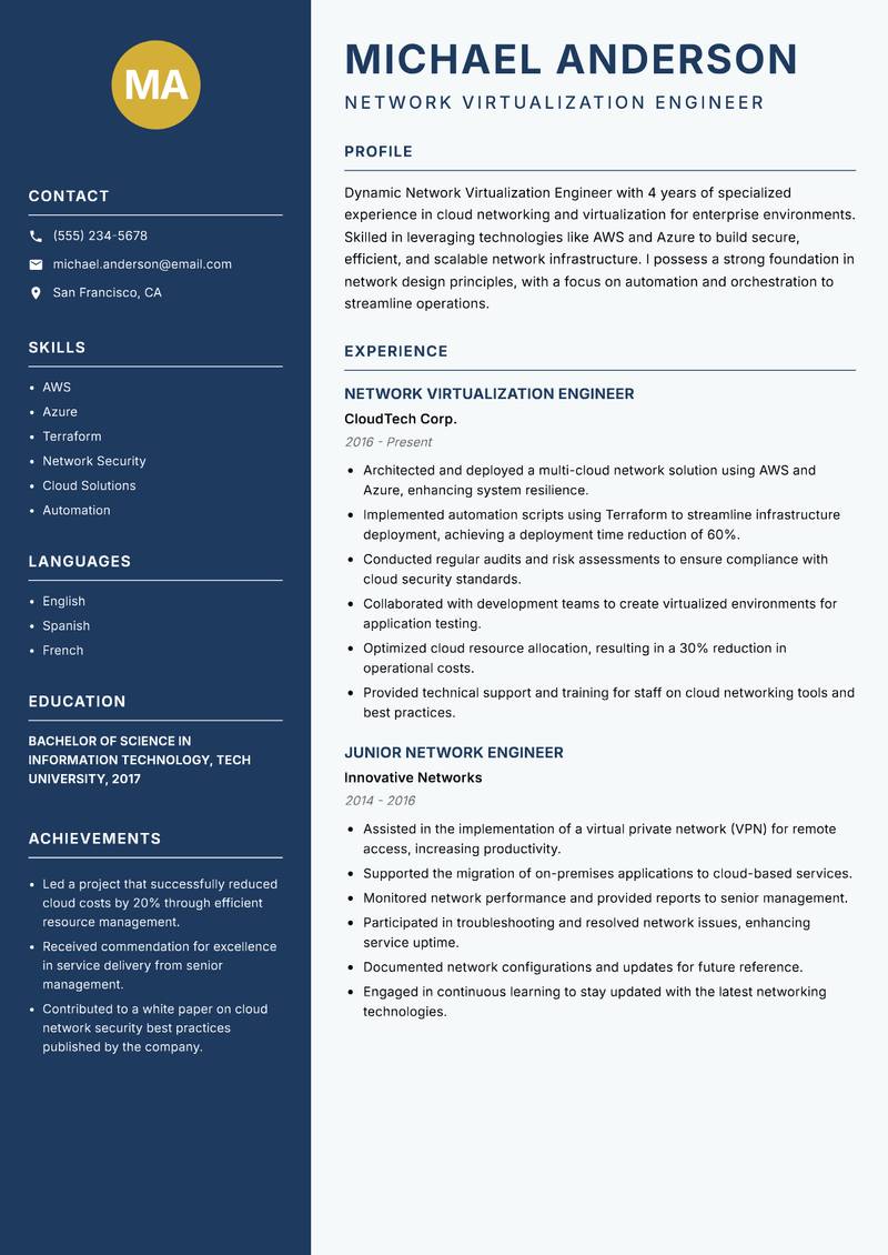 Network Virtualization Engineer resume template — Classic Clean