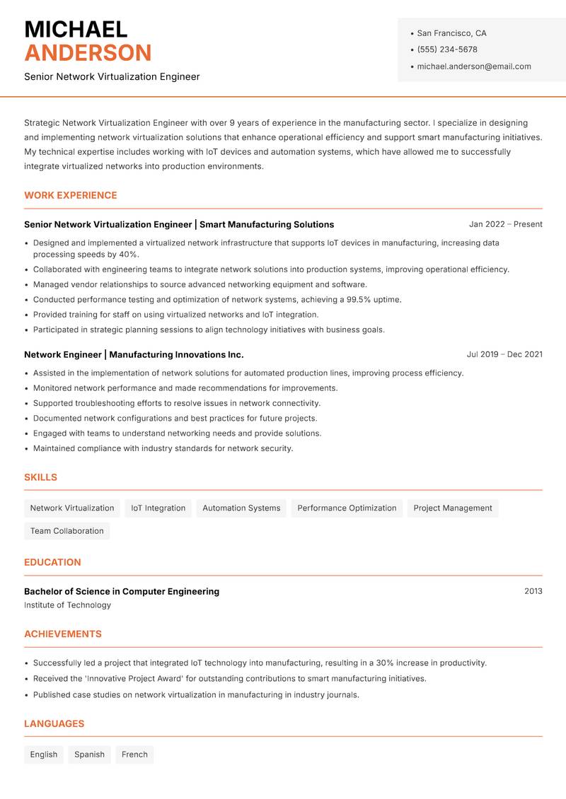 Network Virtualization Engineer resume template — Modern Professional