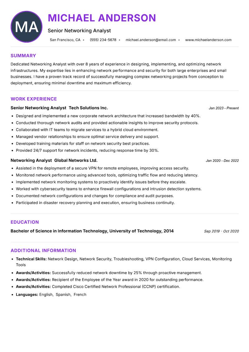 Networking Analyst resume example — ATS-friendly template