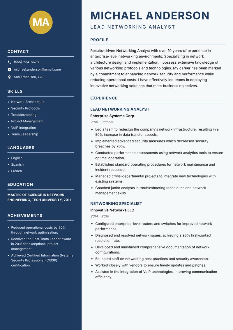 Networking Analyst resume template — Classic Clean