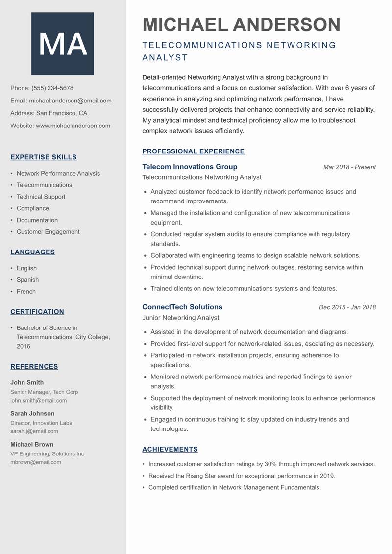 Networking Analyst resume template — Creative Minimal