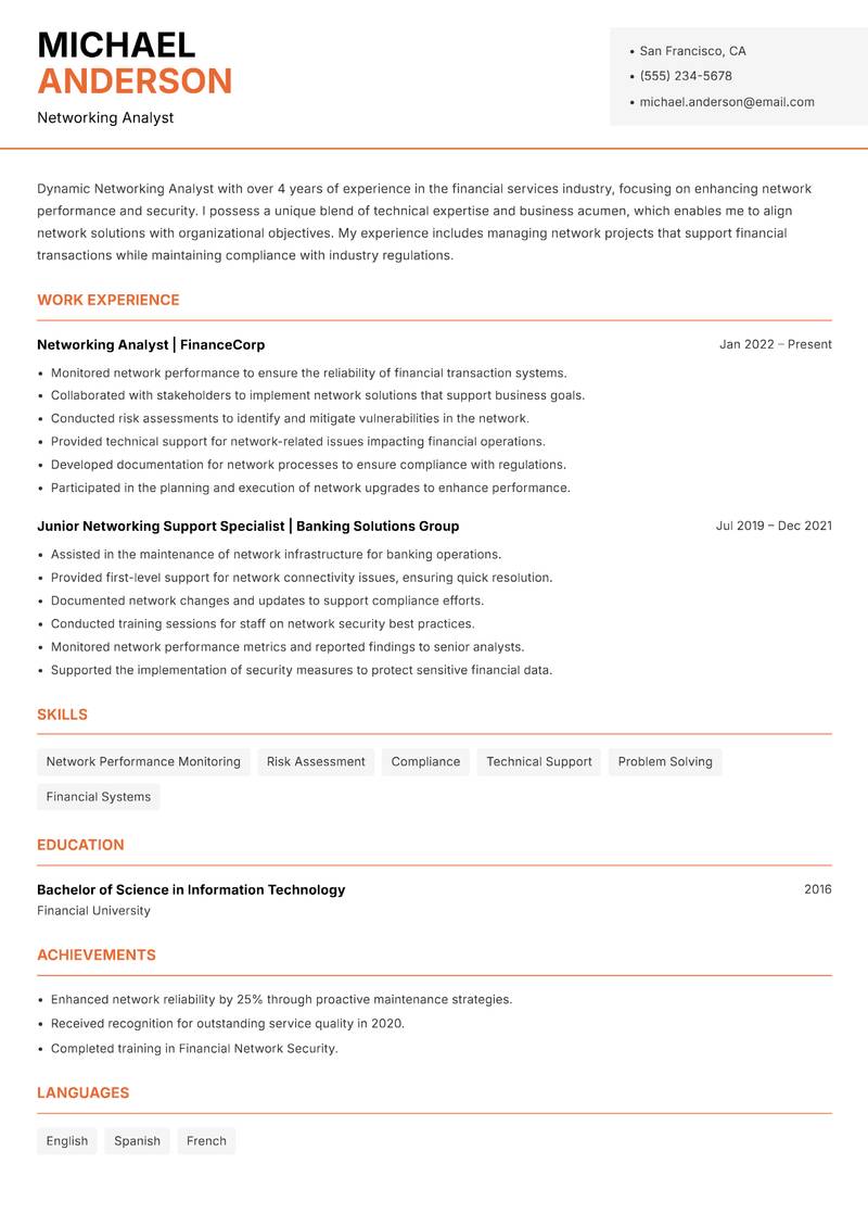Networking Analyst resume template — Modern Professional