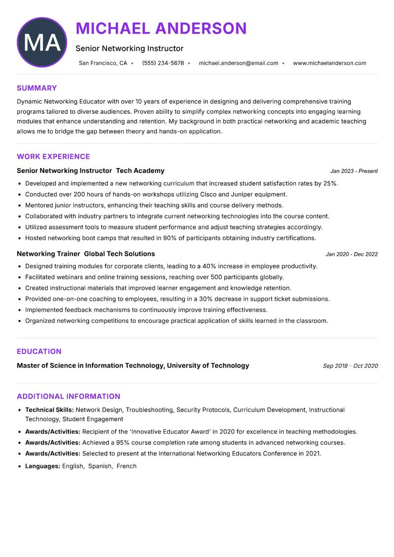Networking Educator resume example — ATS-friendly template