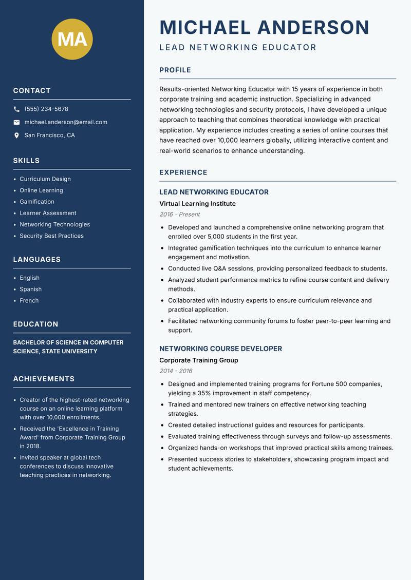 Networking Educator resume template — Classic Clean
