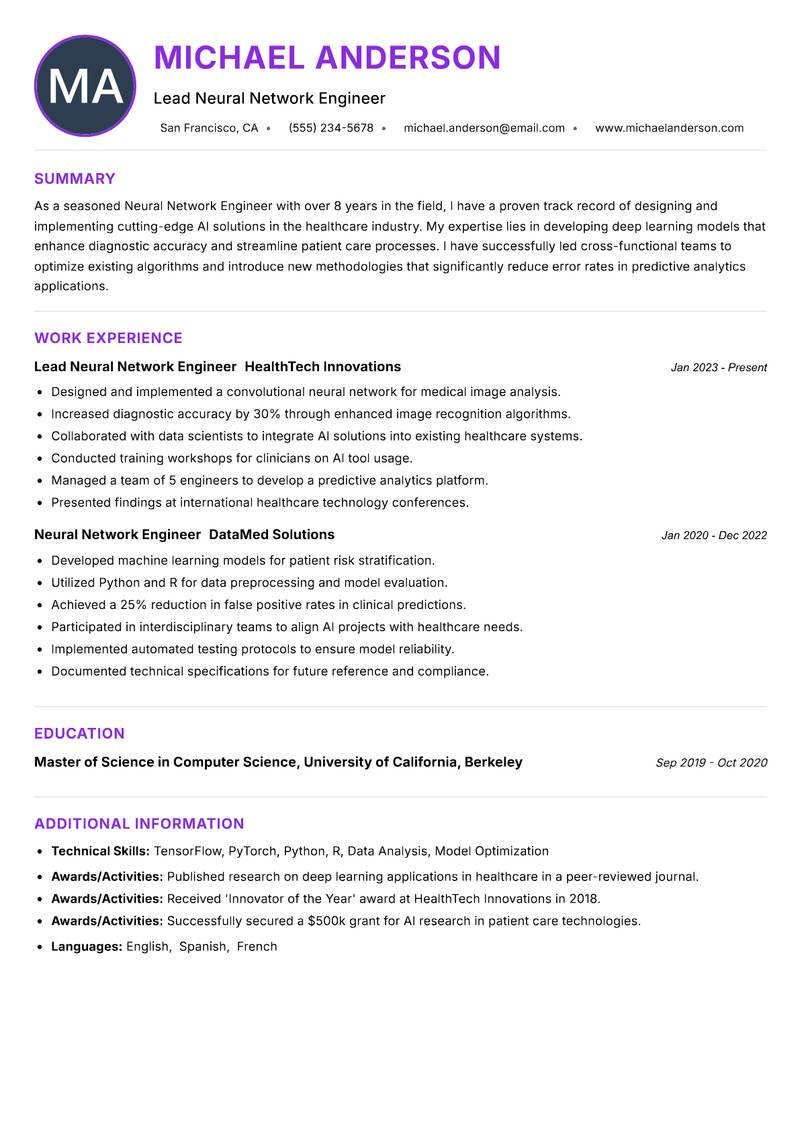 Neural Network Engineer resume example — ATS-friendly template