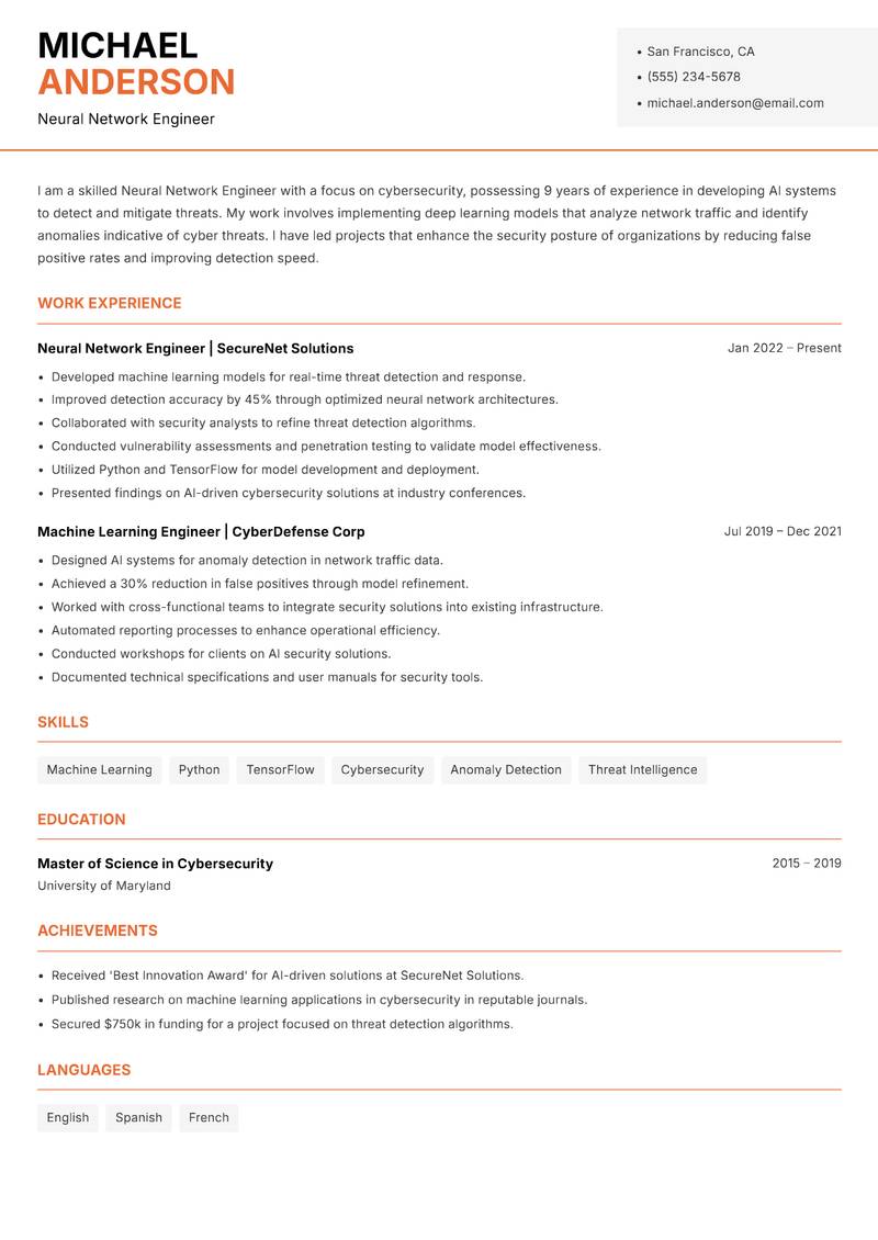 Neural Network Engineer resume template — Modern Professional