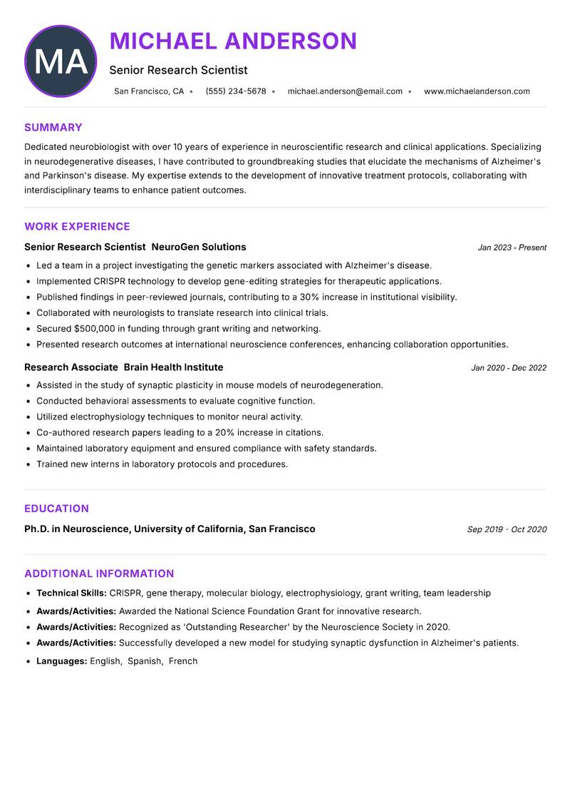 Neurobiologist resume example — ATS-friendly template