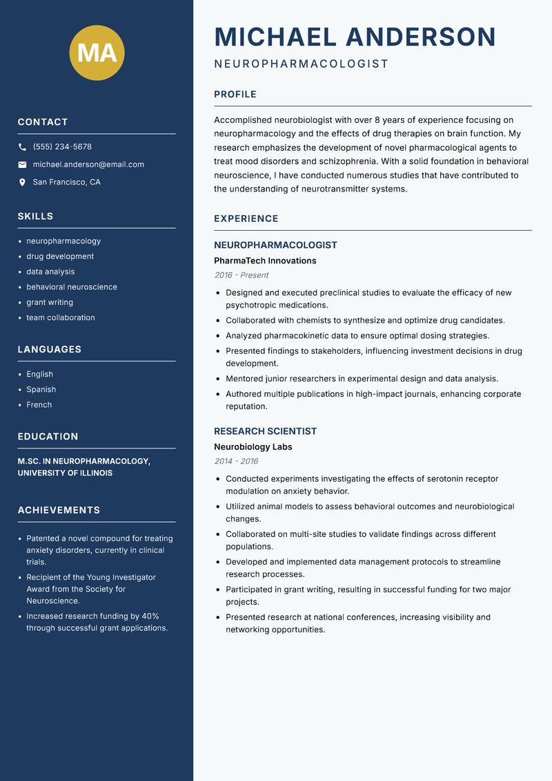 Neurobiologist resume template — Classic Clean