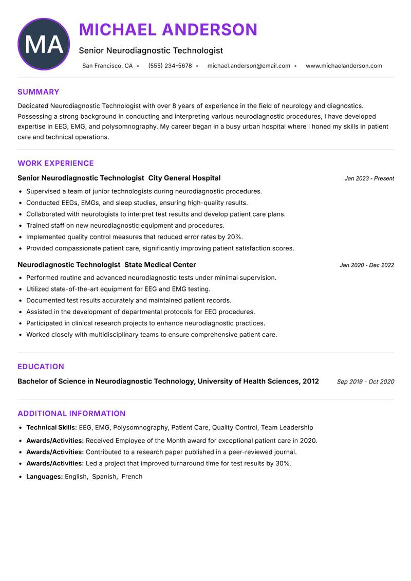 Neurodiagnostic Technologist resume example — ATS-friendly template
