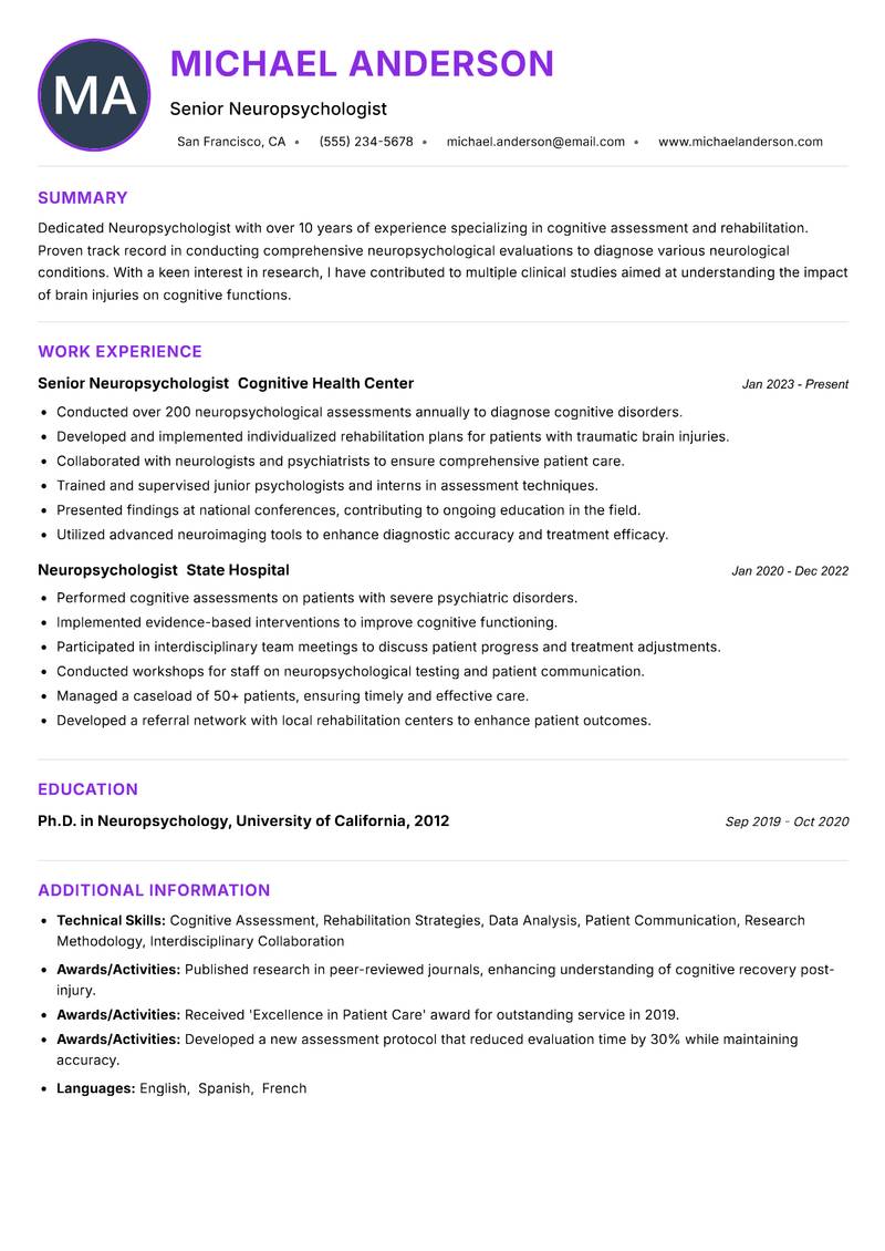 Neuropsychologist resume example — ATS-friendly template