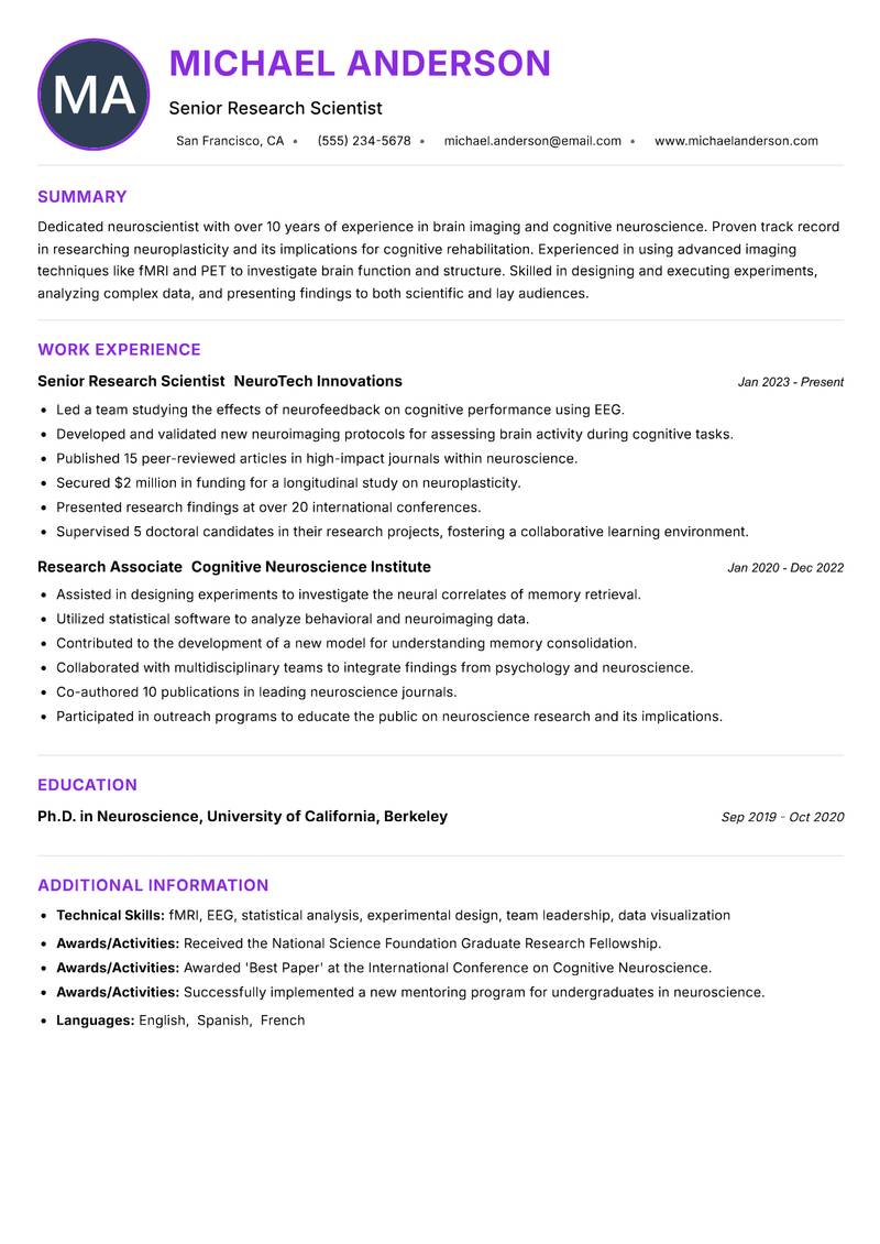 Neuroscientist resume example — ATS-friendly template