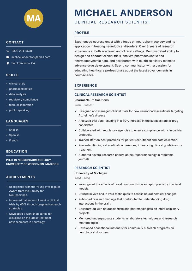 Neuroscientist resume template — Classic Clean