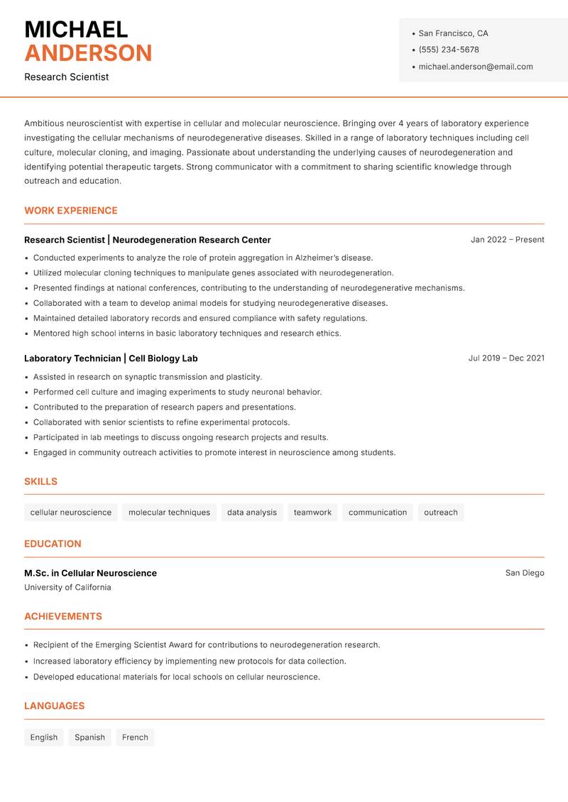 Neuroscientist resume template — Modern Professional
