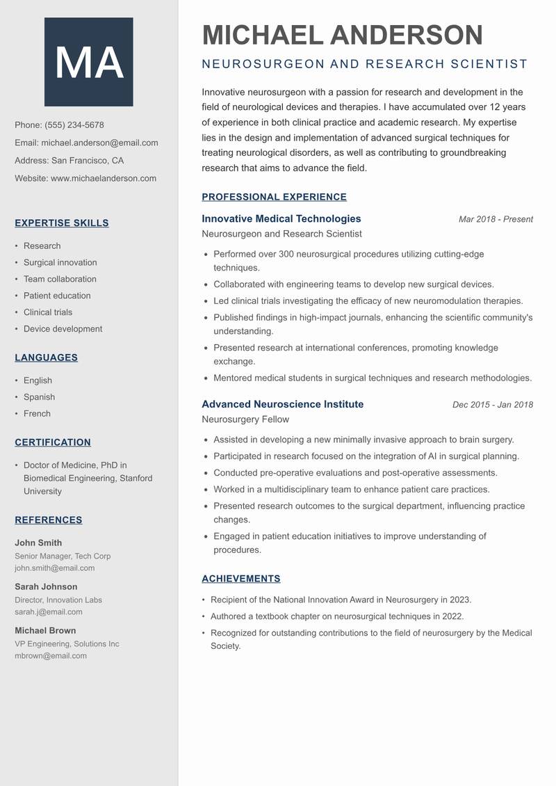 Neurosurgeon resume template — Creative Minimal