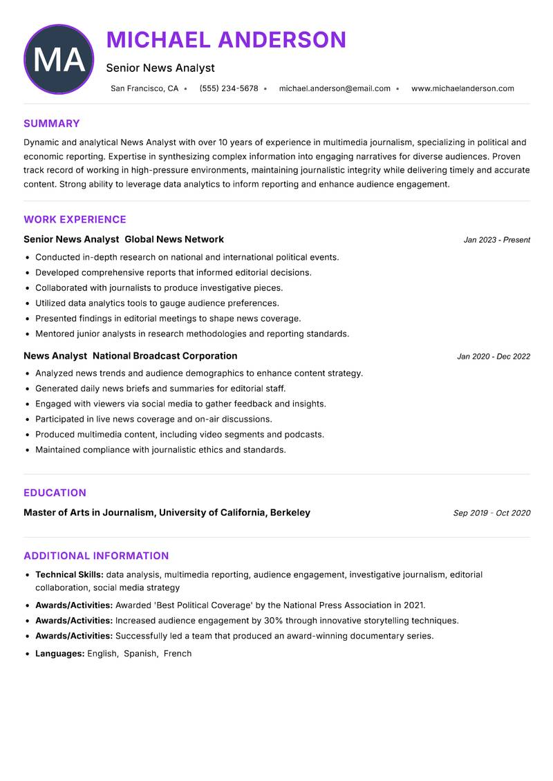 News Analyst resume example — ATS-friendly template