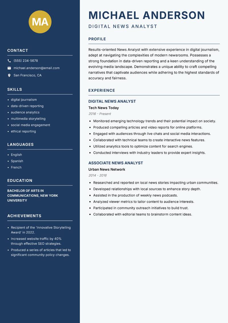 News Analyst resume template — Classic Clean