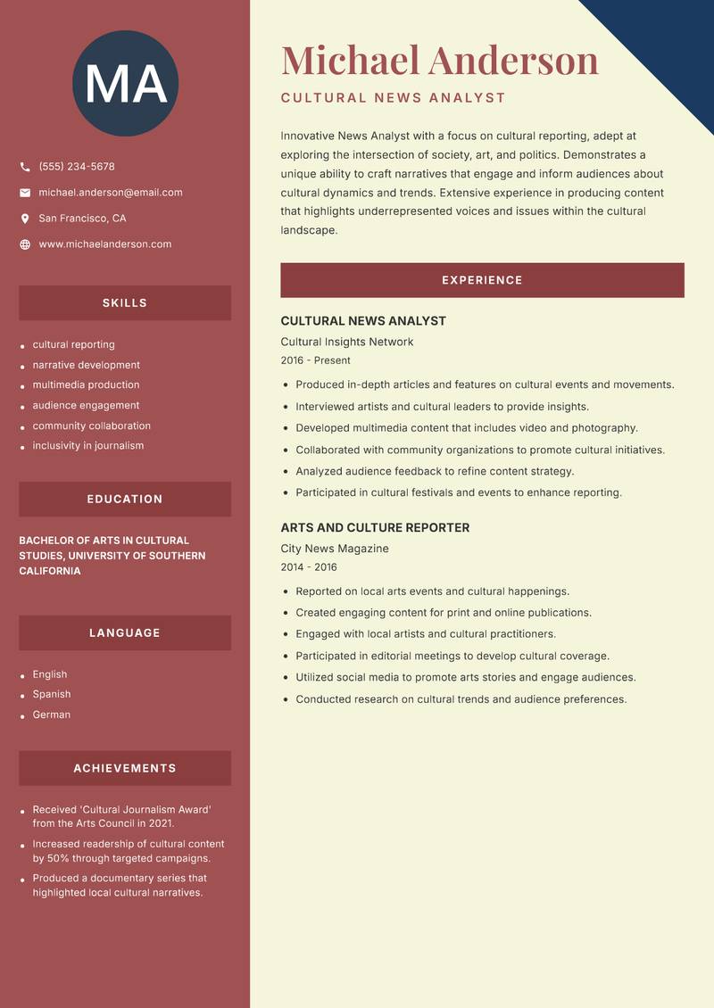 News Analyst resume template — Two Column