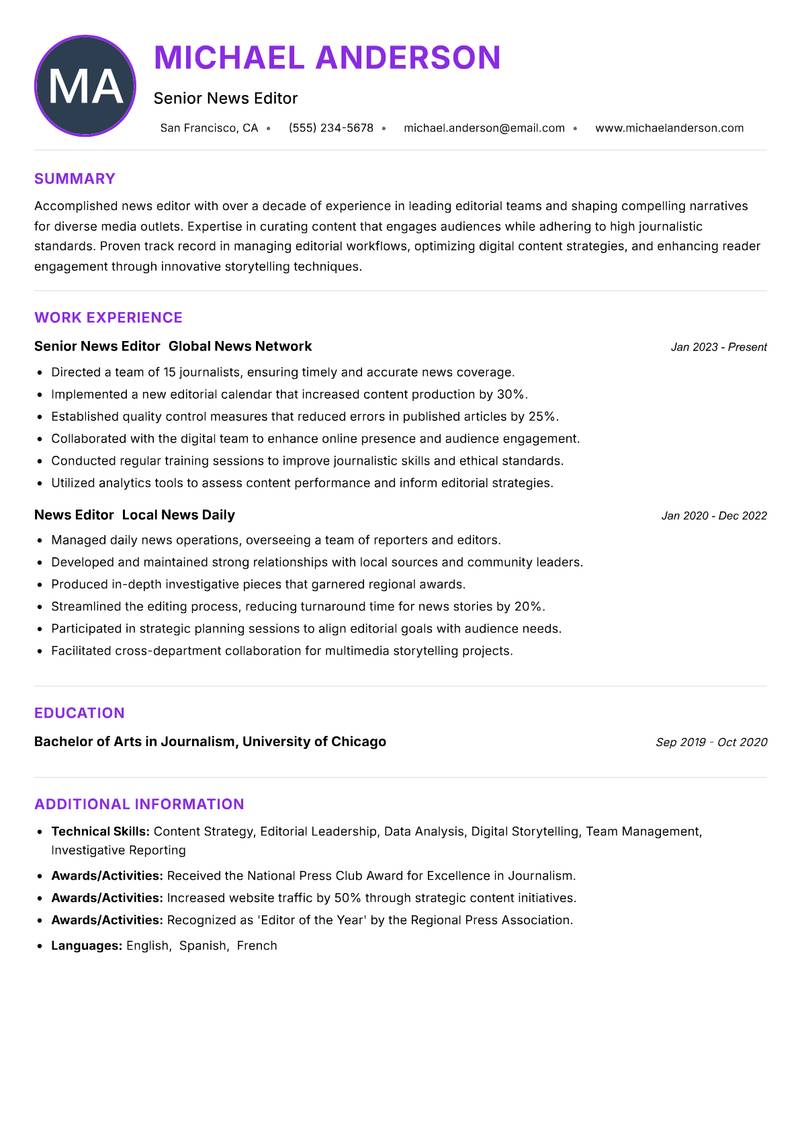 News Editor resume example — ATS-friendly template