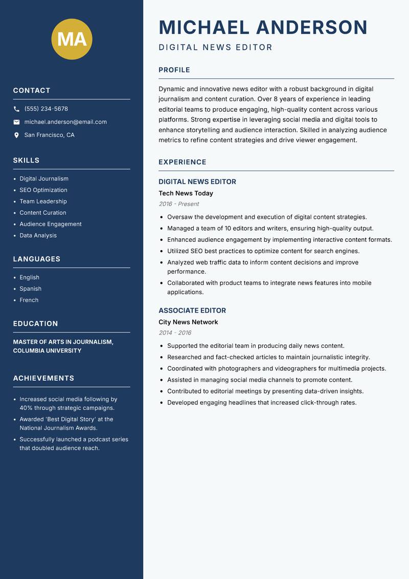 News Editor resume template — Classic Clean