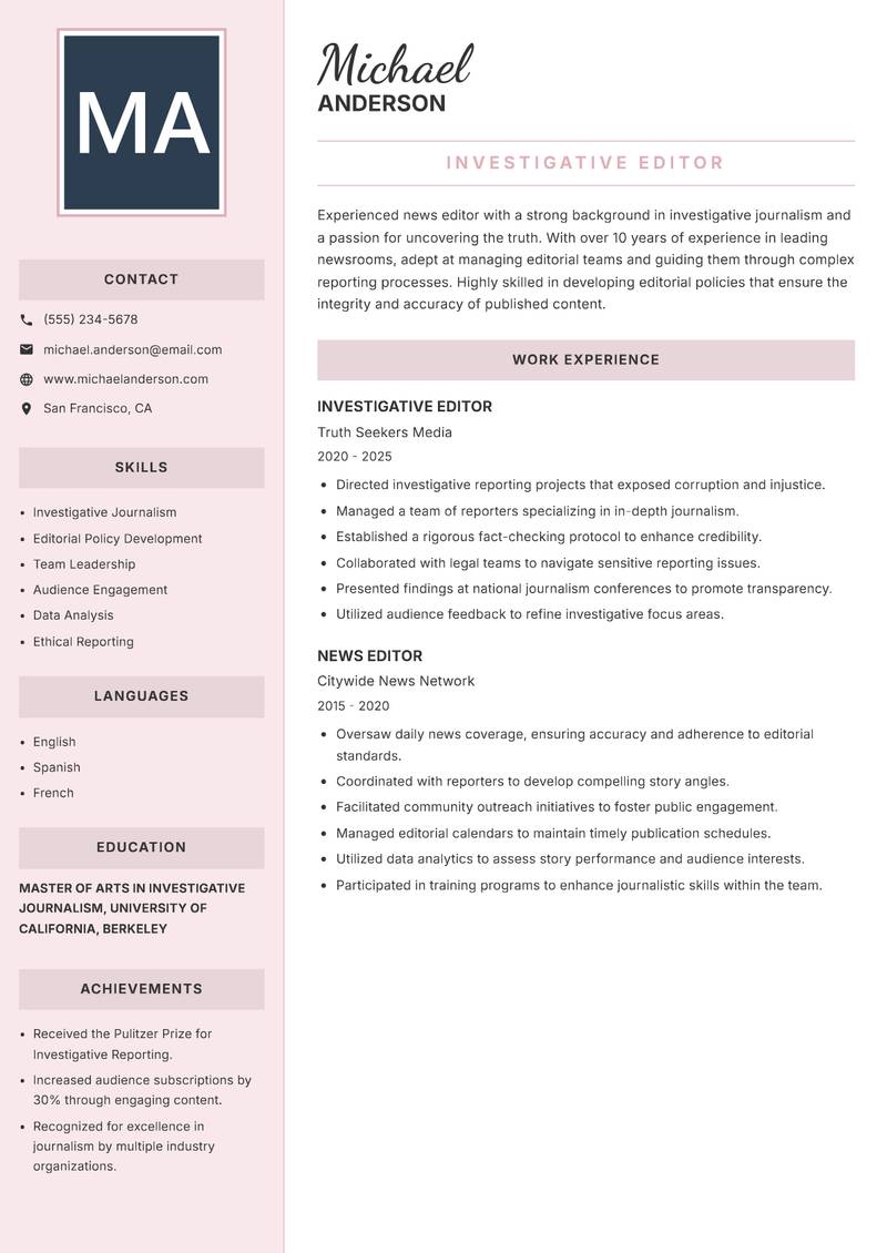 News Editor resume template — Executive