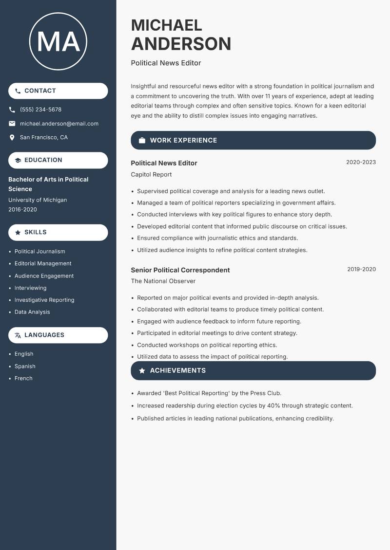 News Editor resume template — Compact