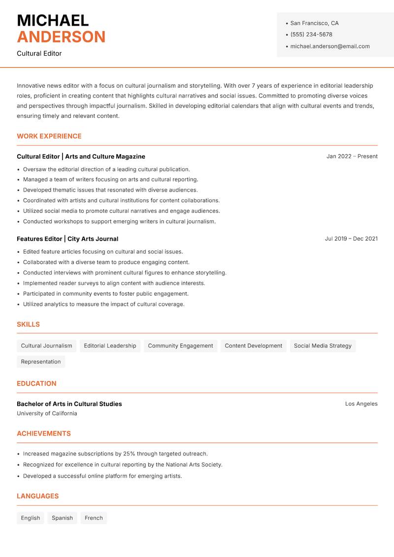 News Editor resume template — Modern Professional