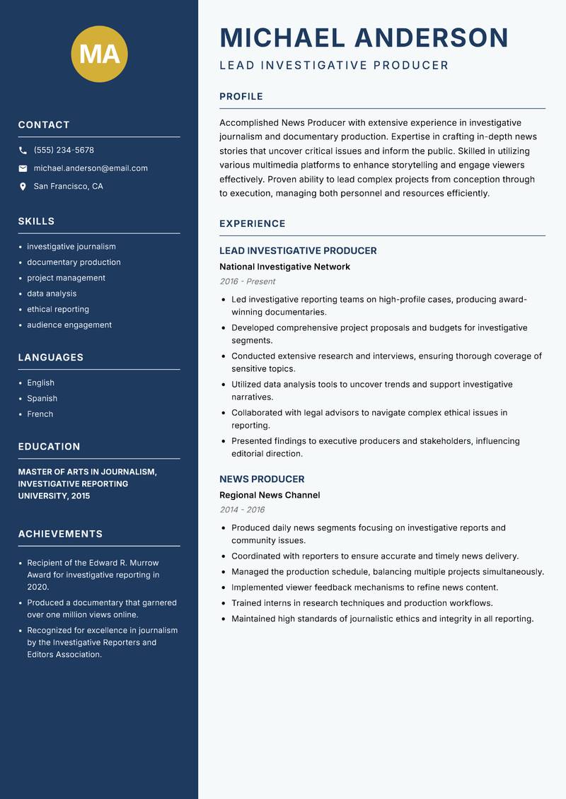 News Producer resume template — Classic Clean